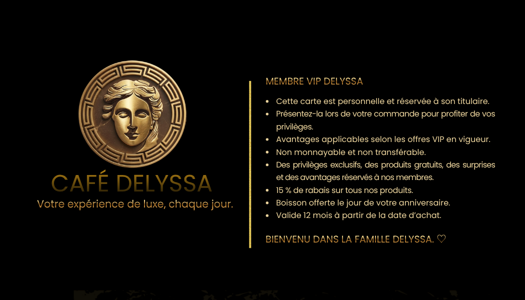 Verso de la carte : médaillon Café Delyssa et conditions du programme